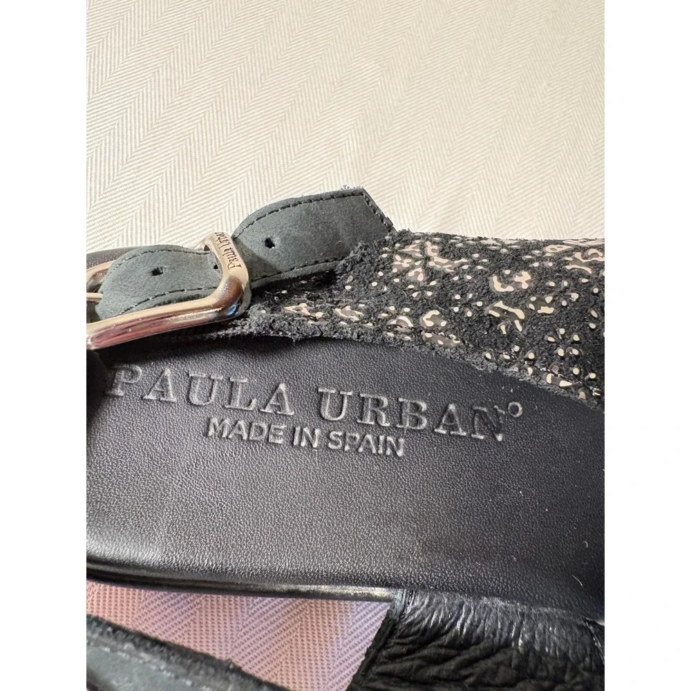 Paula Urban Black Leather Metallic Floral Wedge Sandals Womens 39 Spain‎